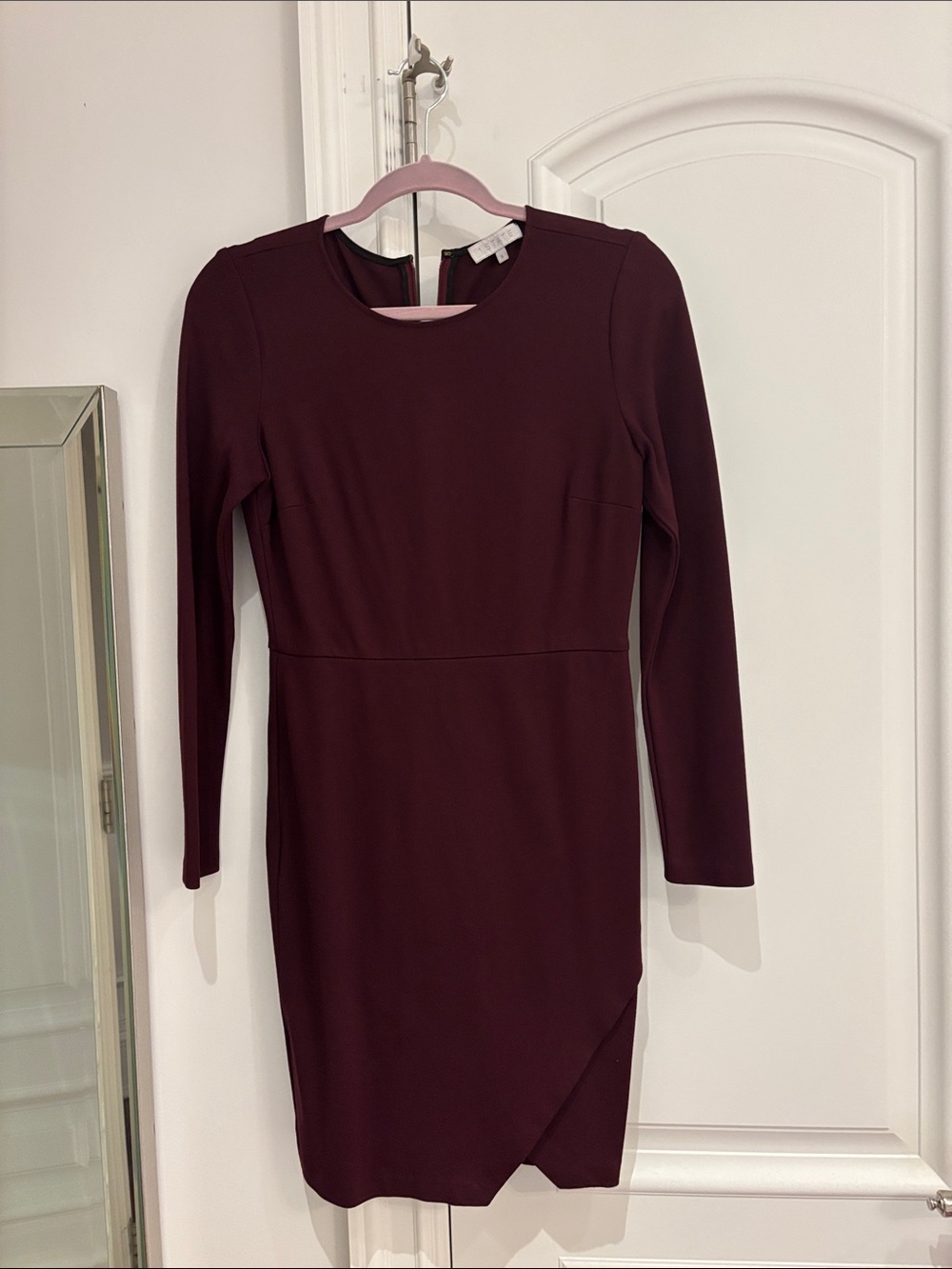 1. State Long-Sleeve Burgundy Sheath Dress with Asymmetrical Hem